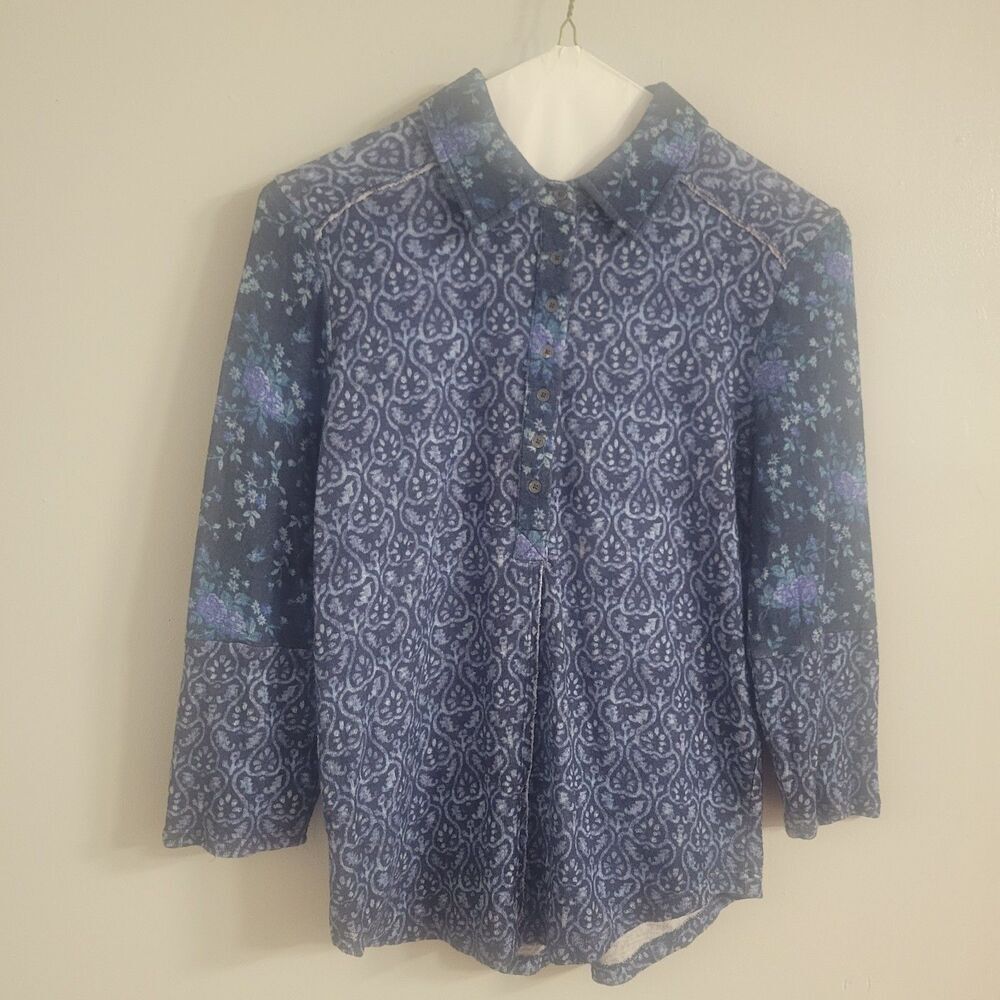 Sundance Size Small 3/4 Sleeve 3/4 Button Up Shirt Women Floral Patchwork Blue